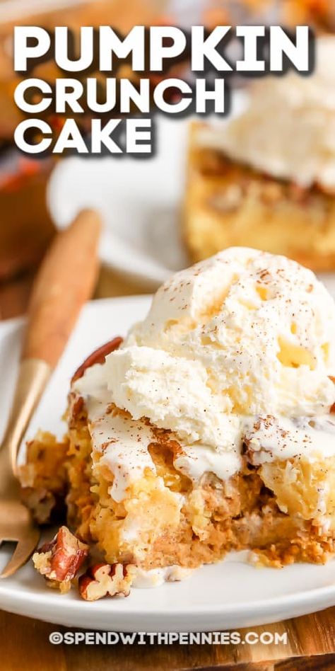 Sprinkle some spice into Fall with the best pumpkin crunch cake recipe. This easy pumpkin cake is irresistible served with a scoop of ice cream on top! #spendwithpennies #pumpkincrunchcake #recipe #dessert #cannedpumpkin #cakemix #pumpkincake #easy #pecans #crunchy #pumpkinspice Pumpkin Crunch Cake Recipe, Pumpkin Pie Crunch, Crunch Cake Recipe, Filling Cake, Pumpkin Cake Easy, Pumpkin Cobbler, Pumpkin Crunch Cake, Gooey Cake, Pumpkin Crunch