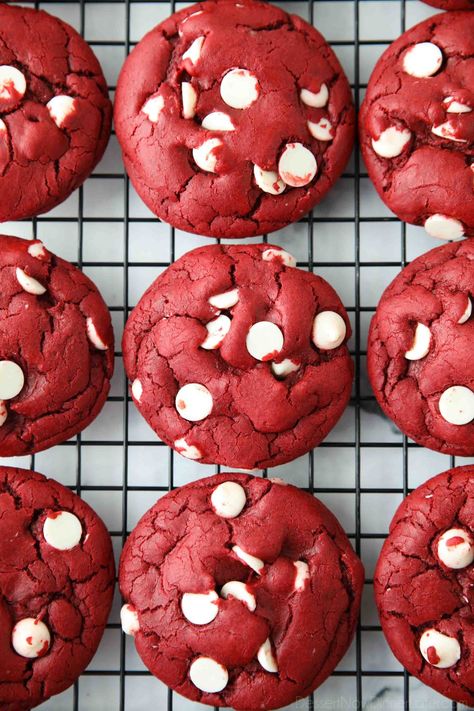 Red Velvet Cake Mix Cookies | Dessert Now Dinner Later Redvelvet Cookies Recipe, Valentines Day Baked Goods, Strawberry Sugar Cookie Bars, Red Velvet Cookies Recipe, Red Velvet Cake Cookies, Red Velvet Cake Mix Cookies, Dessert Pizza Fruit, Red Velvet Cookie Recipe, Fruit Sugar Cookies