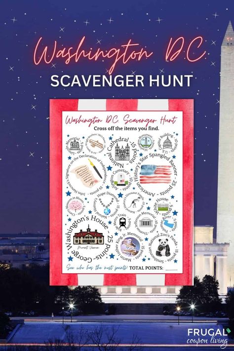 Who loves travel and history? Washington is filled with fun activities for kids and adults alike. Find a few of the best in our printable Washington, D.C. scavenger hunt. Use this Washington, D.C. Treasure Hunt as a way to get the kids moving and learning - and at the same time! This DC Hunt is a great activity for families or can be used as field trip fun, as well. It's as simple as printing and letting the run begin - Let's get started!  #FrugalCouponLiving Arlington Cemetary, Scavenger Hunt Printable, Scavenger Hunt Birthday, Jefferson Memorial, Scavenger Hunt For Kids, Mt Vernon, Dc Travel, Banner Flag, Star Spangled Banner