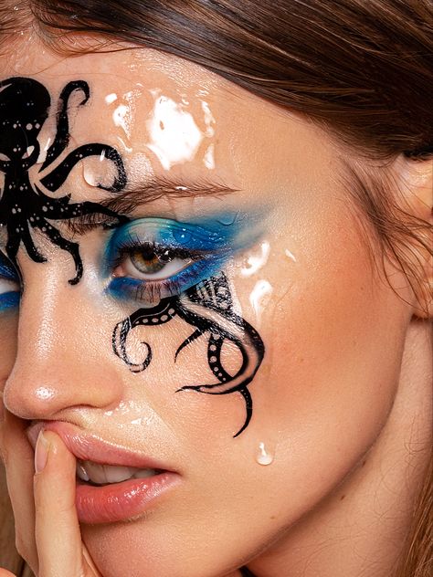 Octopus Makeup Halloween, Kraken Makeup, Squid Makeup, Octopus Face Paint, Crab Makeup, Octopus Makeup, Underwater Makeup, Under The Sea Makeup, Octopus Eyes