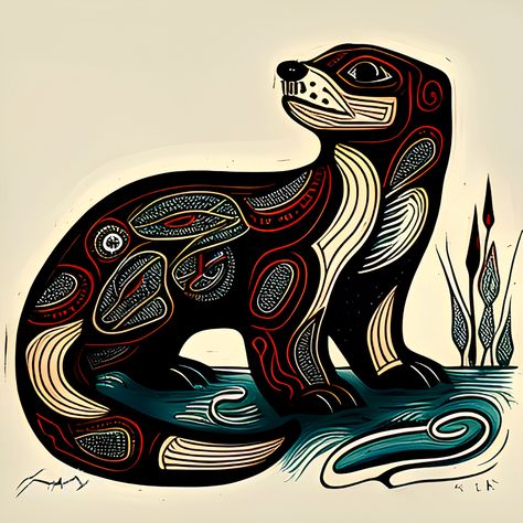 Tlingit Art Otter Pacific Northwest Coast Native American Haida poster - The Tlingit people are known for their intricate and powerful artistry, and this poster is a beautiful representation of their rich cultural heritage. This magnificent poster captures the beauty and grace of the otter, a symbol of strength, playfulness, and intelligence in Tlingit culture. Native American Otter Totem, Pacific Northwest Indigenous Art, Northwest Coast Art, Canadian Native Art, Native American Animal Art, Pacific Northwest Art Native West Coast, Haida Art Pacific Northwest, Pacific Northwest Native American Art, Alaska Native Art