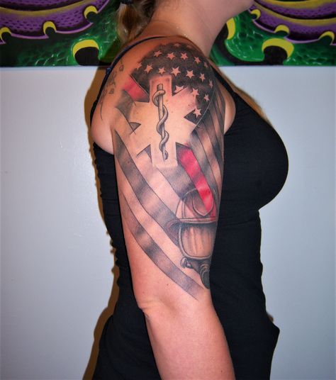 Woman Firefighter Tattoo, Ems Firefighter Tattoo, Emt Tattoos Female, Fire And Ems Tattoos, Fallen Officer Tattoo, Star Of Life Tattoo Ems, Fire Ems Tattoo, Ems Tattoo Ideas, First Responder Tattoo Ideas