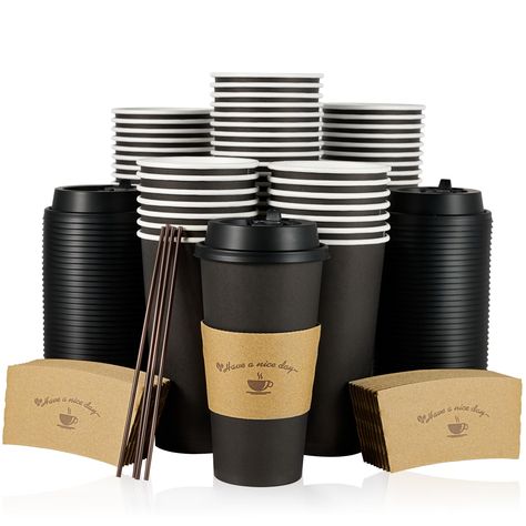 PRICES MAY VARY. GREAT VALUE BULK: You will receive 50 coffee cups with black bodies, 50 packs of black matching lids, 50 kraft paper filled cup sleeves, and 50 straws. This set of 20 oz disposable coffee cups has the quantity to meet your family and party needs. ANTI SCALD: The paper cups with matching kraft paper sleeves not only make the coffee cups easier to hold, but also effectively insulate the cups from the temperature inside, preventing the cups from burning your hands if the temperatur Coffee Themed Party Decorations, Coffee Shop Supplies, Coffee Cup Sizes, Coffee Cups With Lids, Paper Coffee Cups, Coffee Trailer, To Go Coffee Cups, Disposable Coffee Cups, Burnt Coffee