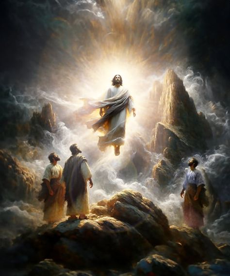 "\"And after six days Jesus taketh Peter, James, and John his brother, and bringeth them up into an high mountain apart, and was transfigured before them: and his face did shine as the sun, and his raiment was white as the light.\" (Matt. 17:1-2) Though it takes a LOT of prompts to get just the right image, we've found AI image prompt engineering to be a great tool for birthing some of the most sacred religious art we've found. Our hope is to shape these powerful tools to spread SACRED beauty, and the joyful, loving message of Jesus Christ. This AI artwork was lovingly selected to celebrate the message of Jesus's power and role as Savior and Redeemer of all mankind."