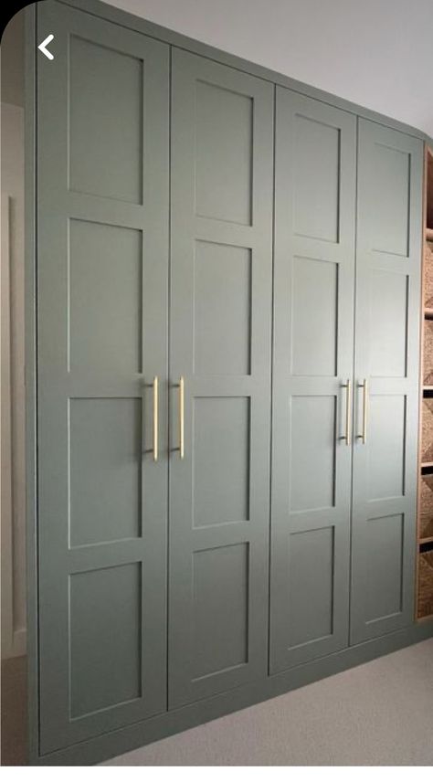 Whole Wall Wardrobe, Painted Fitted Wardrobes, Full Wall Wardrobe Bedroom Ideas, Cupboard Colors Bedroom, Long Closet Ideas, Fluted Wardrobe Doors, Closet Doors Ideas Bedroom, Sage Wardrobe, Wardrobe Color Ideas Bedroom