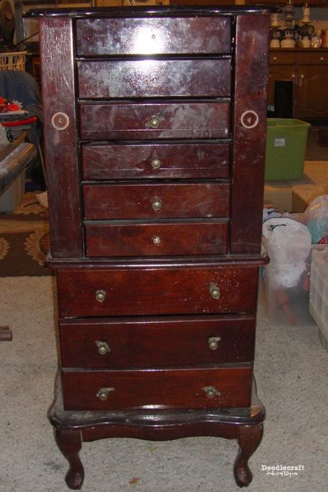 DIY Vintage Jewelry Cabinet Armoire Makeover Upcycle Jewelry Armoire Makeover Diy, Jewelry Cabinet Makeover, Diy Vintage Jewelry, Armoire Redo, Diy Jewelry Cabinet, Jewelry Armoire Diy, Jewelry Armoire Makeover, Painted Jewelry Armoire, Armoire Makeover