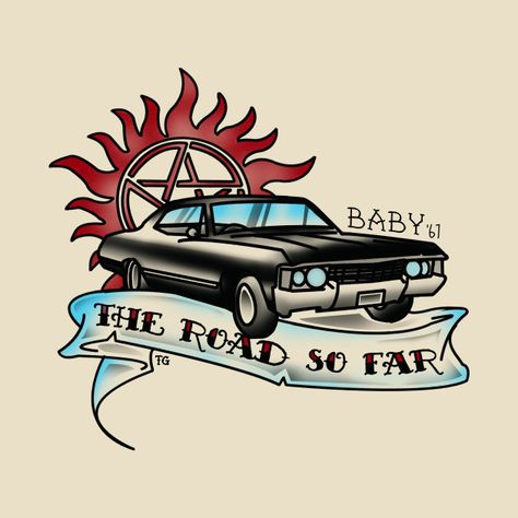 Check out this awesome 'Baby+Tattoo' design on @TeePublic! Impala Tattoo, Supernatural Impala, Supernatural Baby, Supernatural Drawings, Supernatural Tshirt, Supernatural Merchandise, Baby Tattoo Designs, Supernatural Bloopers, Baby Tattoo