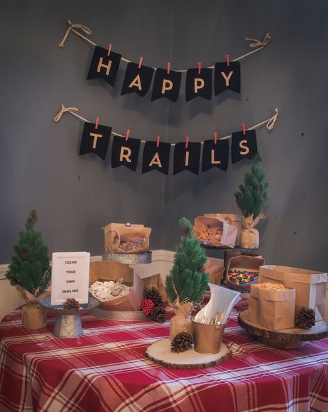 Trail Mix Bar Paper Bags, Hiking Birthday Theme, Retirement Camping Theme, Camping Retirement Party, Outdoorsy Theme Birthday Party, Camping Retirement Party Ideas, Alaska Themed Party, Happy Trails Retirement Party, Mountain Themed Birthday Party