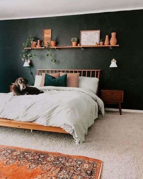 Bedroom Ideas Dark Comforter, Industrial And Wood Decor, Scandifornian Style Bedroom, Moody Bedroom Dresser Decor, Woodsy Cabin Decor, Dark Teal Boho Bedroom, Traditional Interior Bedroom, Focus Wall Bedroom, Dark Green And Rust Bedroom