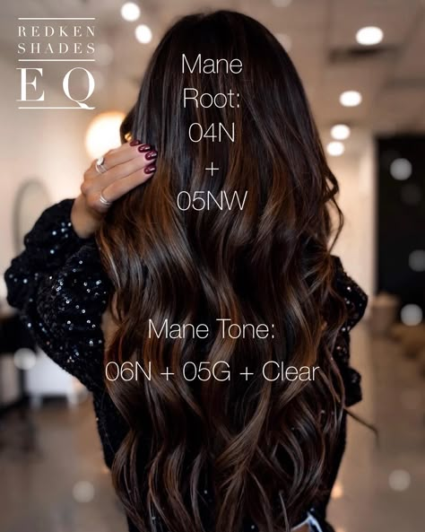 Redken Shades Eq Chocolate Brown, Dark Brown Hair Balayage Redken, Mushroom Toner Formula Shades Eq, Redken Color Formulas Brunettes, Brunette Redken Formulas, Redken Mushroom Brown Formula, Chocolate Brown Redken Formulas, Mushroom Brown Shades Eq Formula, Shades Eq Chocolate Brown Formula