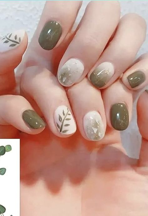 Sage Green And Beige Nails, Fall Nails Olive Green, Leafy Nails, Sliver Nails, Organic Nail Polish, Olive Nails, Taupe Nails, Organic Nails, Beige Nails