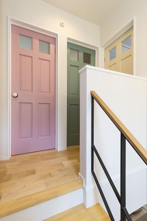 Colored Doors Interior, Stairs 2023, Bathroom Tile Design Ideas, Interior Door Colors, Tile Design Ideas, Painted Interior Doors, Colorful Apartment, Apartment Door, Hallway Designs