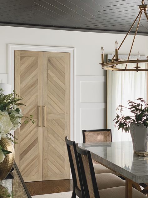 Herringbone Wood Door Diy, Unique Office Doors, Diy Mobile Home Storage Ideas, Update Wood Doors, Boho Pantry Door, Herringbone Closet Door Diy, Herringbone Cabinet Doors Diy, Modern Farmhouse Closet Doors, Natural Wood Pantry Door