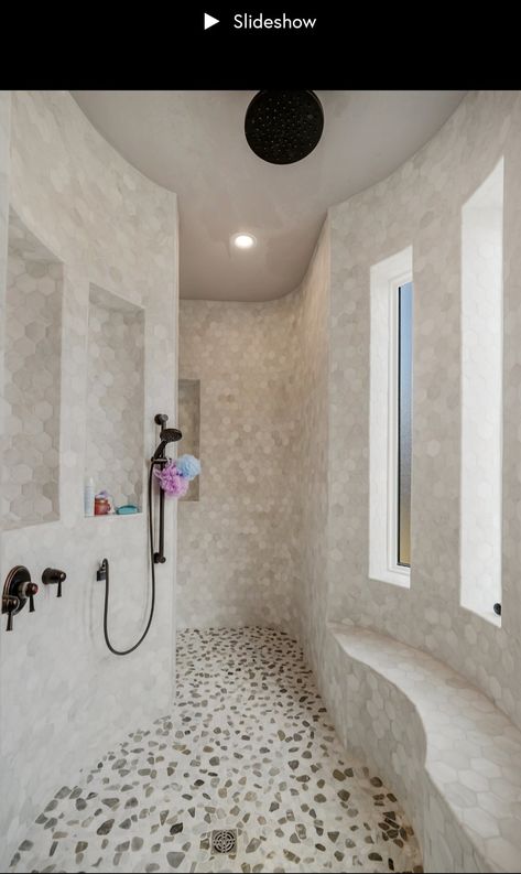 Luxury Master Shower Walk In, Master Bath Walk Through Shower Ideas, Curved Walk In Shower, Grotto Shower Master Bath, Luxury Showers Master Baths Walk In, Huge Shower Walk In Master Bath, Walk Behind Shower Master Bath, Cave Shower Walk In, Fancy Showers Walk In