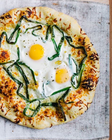 White Pizza with Pecorino, Scallions, and Egg | a Couple Cooks Vegetarian Pizza Recipe, Pizza Vegetariana, Egg Pizza, Pizza Roll, Pizza Bianca, 5 Ingredient Dinners, Artisan Pizza, White Pizza, Couple Cooking