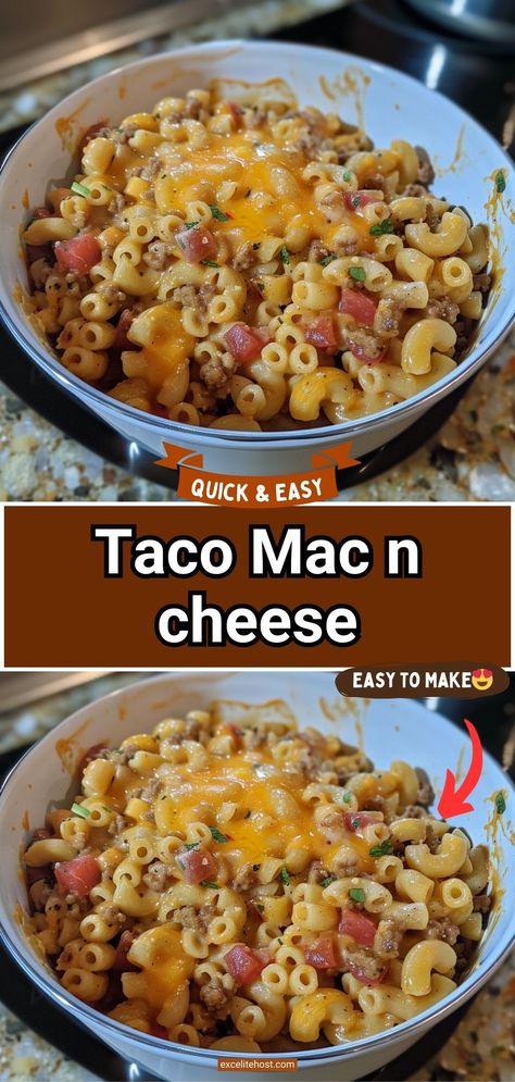 Ingredients: 1 lb ground beef 1 packet taco seasoning mix 1 cup water 2 cups elbow macaroni 3 cups shredded cheddar cheese 2 cups milk 2 tablespoons Mac And Cheese With Ground Beef, 1lb Ground Beef Recipes, Taco Mac N Cheese, Elbow Macaroni Recipes, Taco Mac, Taco Mac And Cheese, Beef Taco Seasoning, Ground Beef Taco Seasoning, Kraft Mac N Cheese