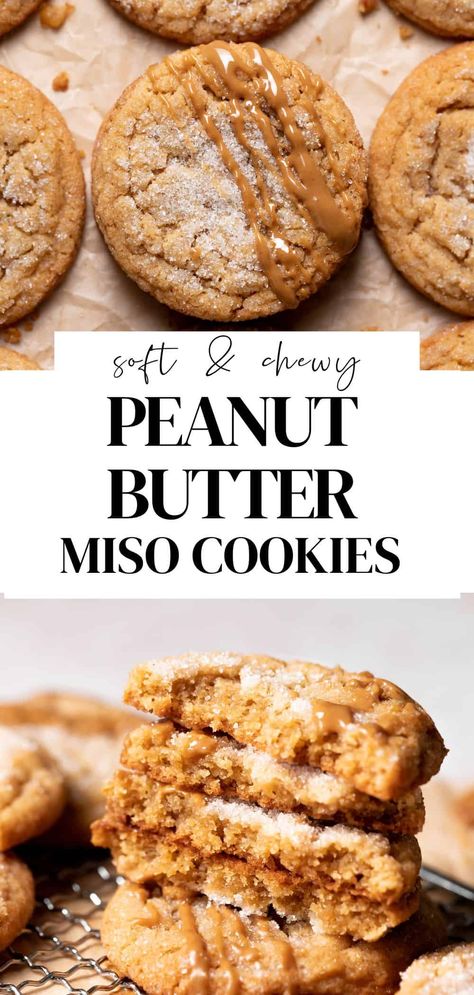 These peanut butter miso cookies are chewy peanut butter cookies with a hint of savory flavor from miso paste. These unique cookies strike the perfect balance of rich, salty, and sweet; everyone will love them! Brown Butter Miso Cookies, Miso Brown Butter Cookies, Vegan Miso Cookies, Miso Peanut Butter Cookies, Miso Cookie Recipe, Peanut Butter Miso Cookies, Savory Peanut Butter Recipes, Miso Dessert Recipes, Sweet And Savory Desserts