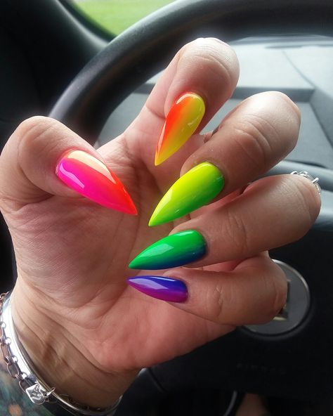 NEON RAINBOW NAILS FOR PRIDE Y'ALL!!! 🌈💖💜💙🌈💖💛💙🌈 Ombre Pride Nails, Neon Pride Nails, Pride Nails Stiletto, Pride Month Nail Ideas, Neon Festival Nails, Pride Month Nails Acrylic, Nails For Pride, Rainbow Nails Designs, Neon Rainbow Nails