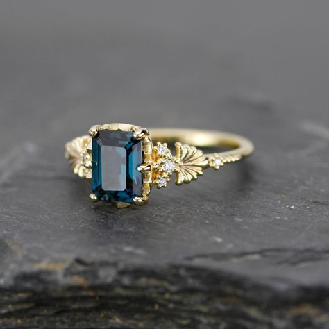 Emerald cut engagement ring, London blue topaz ring, leaf ring, nature inspired ring, delicate ring, diamond ring |R 381 LBT London Topaz Ring, Topas Ring, Emerald Cut Engagement Ring, Dainty Engagement Rings, Nature Inspired Rings, Emerald Cut Engagement, London Blue Topaz Ring, Emerald Engagement Ring Cut, Natural Gold