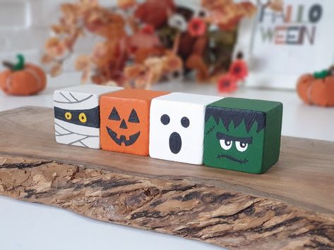 Wooden Block Crafts, 4x4 Pumpkins, Wooden Halloween Crafts, Fall Cutouts, Wood Halloween Decorations, Painted Blocks, Garage Projects, Block Pumpkins, Halloween Blocks