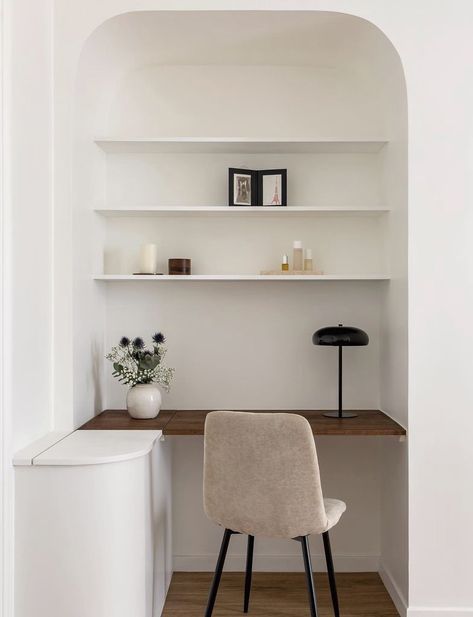 Niche Desk Ideas, Desk Alcove, Office Niche, Alcove Desk, Living Room Nook, Apartment Makeover, House Extension Design, Home Additions, Exterior Decor