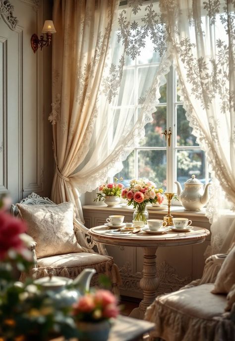 Diy Vintage Curtains, Vintage Farmhouse Window Treatments, Velvet And Lace Curtains, Bohemian Window Decor, Pretty Bedroom Curtains, French Window Curtains Ideas, Curtain Inside Window Frame, Vintage Bedroom Curtains, Cottage Window Curtains