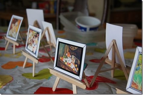 Art party! Huge posters on wall, mini easels with famous paintings, rainbow decor all over, sketchbooks as favors, lots of art activities! Posters On Wall, Popsicle Stick Art, Wedding Favor Table, Stick Wall Art, News Art, Rainbow Decor, Popsicle Crafts, Ice Cream Stick, Stick Art