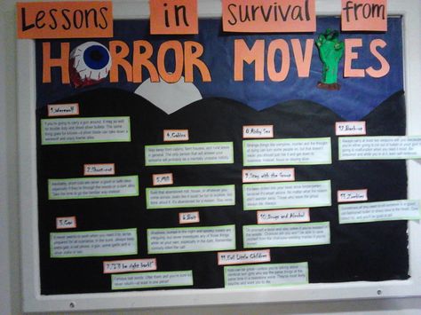 Halloween/october bulletin board: Lessons in Survival from Horror Movies! Created by one of my staff members :) Movie Bulletin Boards, Resident Assistant Boards, Dorm Bulletin Boards, October Bulletin Board, Horror Oc, Halloween Boards, Resident Assistant Bulletin Boards, October Bulletin Boards, November Bulletin Boards