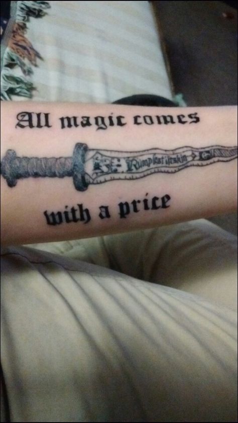 Finished Once Upon A Time Tattoo. Rumplestilitskin. Rumplestilskin's dagger. All magic comes with a price. OUAT. All Magic Comes With A Price Tattoo, Ouat Tattoo Ideas, Once Upon A Dream Tattoo, Once Upon A Time Tattoo Ideas, Ouat Tattoos, Once Upon A Time Tattoo, Someday Tattoo, Ox Tattoo, Geek Tattoos