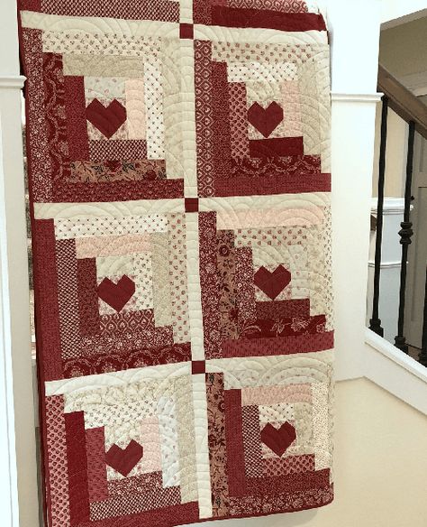 Hearts At Home To Warm And Chase Winter Blues – Quilting Cubby Log Cabin Heart Quilt Block Free Pattern, Heart Quilt Blocks Free Pattern, Valentine Sewing, Hearts Quilt, Log Cabin Block, Layer Cake Patterns, Heart Quilts, Log Cabin Quilt Pattern, Heart Quilt Pattern