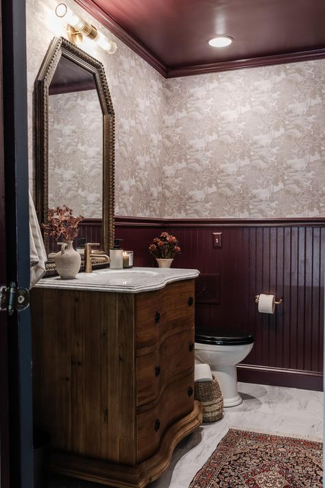 Vanity Same Color As Wall, Artsy Powder Room, Diy Antique Bathroom Vanity, Colonial Half Bath, Old World Powder Room, Earth Tone Powder Room, Benjamin Moore Salamander Bathroom, Dark Bathroom No Window, Windowless Half Bathroom