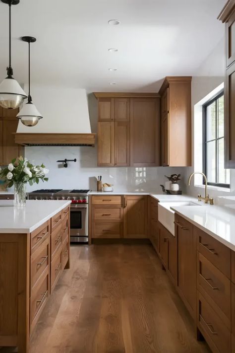 32 Kitchen Cabinet Ideas for A Modern Makeover Kitchen Design Wood Cabinets, Honey Maple Cabinets, Modern Wood Kitchen Cabinets, Medium Wood Kitchen Cabinets, Flat Front Cabinets, Natural Wood Kitchen Cabinets, Kitchen 2023, Natural Wood Kitchen, Brown Kitchen Cabinets