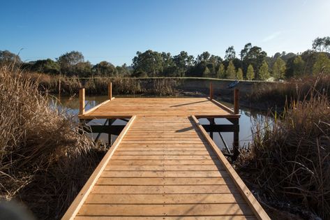 Jetty on dam in Mansfield - by Equine Construction Solutions Just over 12 months ago we made the tree change from the South Eastern suburbs of Melbourne to a property in Mansfield that came with ... Lake Landscape Design, Ornamental Pear Tree, Beach Resort Design, Waterfront Architecture, Liveaboard Sailboat, Sailboat Interior, Farm Pond, Fishing Dock, Lake Dock