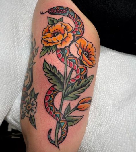 California Poppy Traditional Tattoo, Traditional Poppy Tattoo, James Tattoo, California Poppy Tattoo, Leg Patchwork, Traditional Snake Tattoo, Colorado Tattoo, Tattoos 2024, Poppy Tattoo