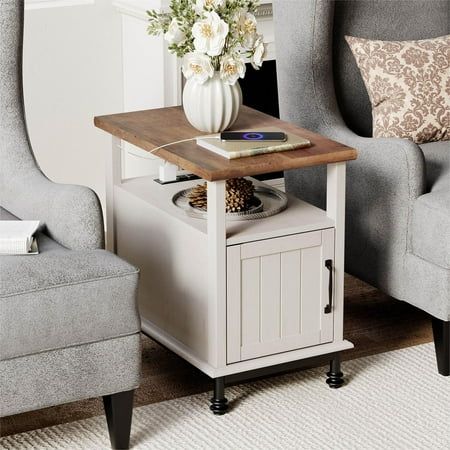 Keep your bedroom essentials within arms reach with the nightstand with charging statioin. Not only this charming table works great as a bedside table, but a sofa side table to serve your drinks and snacks in the living room, or a file cabinet to streamline your paperwork in the office. The wihite end table featured with rustic white wood body, oak table top and special gourd-shaped legs which looks modern and elegant. Well matches with your farmhouse style home decor and bring you fashional and Storage Cabinet For Bedroom, Cabinet For Bedroom, Table With Charging Station, Side Tables For Bedroom, Farmhouse End Tables, Large Storage Cabinets, Oak Table Top, Living Vintage, Farmhouse Side Table