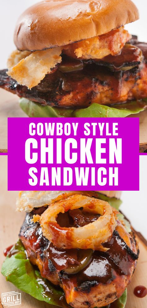 This Cowboy Style Chicken Sandwich is over the top in both flavor and flair thanks to a saucy slather of BBQ sauce, maple peppered bacon, cheddar cheese, pickled jalapenos, and amazing homemade buttermilk onion rings. This monster of a sandwich beats any sandwich you could get from your local drive thru any day. Maple Chicken Sandwich, Chicken Sandwich Blackstone, Buttermilk Onion Rings, Chicken Sandwich Sauce, Chicken Bacon Sandwich, Bbq Recipes Sides, Peppered Bacon, Homemade Grill, Grilled Dinner Recipes