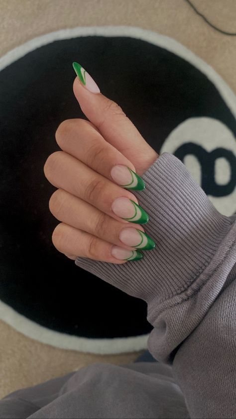 Green Double French Tip Nails, Green Birthday Acrylic Nails, Green French Tip Design, Green Nails Almond Shape, French Nails Green, Green Prom Nails, Green Almond Nails, Green French Nails, Green French Tip Nails