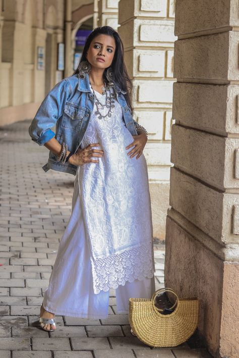 I love experimenting with looks. This one is a fusion one where I added a denim jacket to my very simple chikan kurta and completed the look with heavy silver jewellery. #desilook #indianblogger #indowestern #indowesternfusion Kurta With Denim Jacket Women, Saree With Denim Jacket, Kurti With Denim Jacket Style, Clg Outfits, Kurta With Jacket, Chikan Kurta, Desi Look, Denim Styling, Styling Clothes