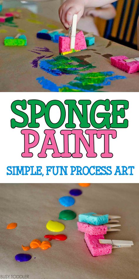 Sponge Painting Process Art: Super quick and easy toddler art activity; indoor activity; fun process art for toddlers and preschoolers Open Ended Art Activities For Preschool, Visual Arts Activities For Preschool, Two Year Old Process Art, Creative Development Activities, Fine Motor Art Activities Preschool, Preschool Activities Back To School, Pincer Grasp Activities, Process Art Preschool, Playgroup Activities