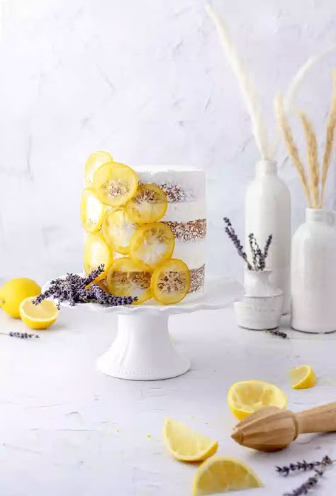 Lemon Lavender Cake, Cake With Swiss Meringue Buttercream, Lavender Buttercream, Lemon Birthday Cakes, Lemon Wedding Cakes, Candied Lemon Slices, Lavender Wedding Cake, Homemade Lemon Curd, Lavender Cake