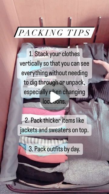 The Travel Tripster on Instagram: "(See what not to do at the end 🤪🙈)  Packing tips:  1. Stack your clothes vertically so that you can see everything without needing to dig through or unpack, especially when changing locations.  2. Pack thicker items like jackets and sweaters on top.  3. Pack outfits by day. Plan out your outfits based on what you’re doing each day or where you’ll be and pack them in order to reduce riffling through your entire bag looking for your shirt.  Let me know if this is helpful and I can share more tips on packing 😊  #packinghacks #packingtips #savespace #organizedtraveler #travelpro" 3 3 3 Packing, International Travel Checklist, Summer Packing, Packing Clothes, Travel Pants, Travel Checklist, Packing List For Travel, Day Plan, Packing Tips For Travel