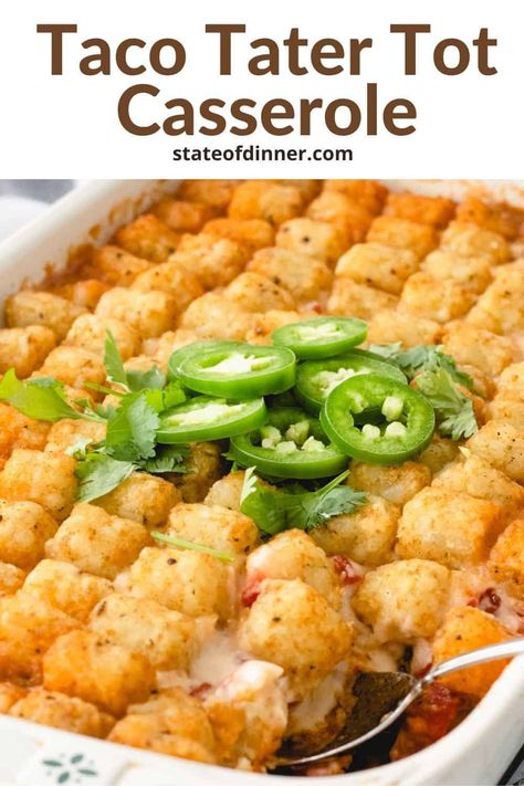 We take the classic Minnesota hotdish and amp it up, Texas-style! This Taco Hotdish Recipe takes taco meat, spicy cheese condensed soup, and tater tots, and combines them together for a southwest dish that is perfect for any potluck or family gathering! Taco Hotdish, Sour Cream Chicken Enchilada Casserole, Taco Tater Tot Casserole, Tater Tot Hotdish, Chicken Enchilada Casserole Recipe, Hotdish Recipes, Enchilada Casserole Recipes, Cream Chicken, Sour Cream Chicken