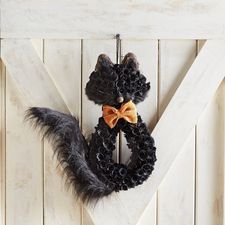 https://www.pier1.com/halloween-decorations?start=0&sz=120&showAll=259#nav=left Black Cat Wreath, Orange Bow Tie, Mesh Projects, Cat Wreath, Cat Wood, Fall Decor Wreaths, Fluffy Tail, Diy Halloween Wreath, Adornos Halloween