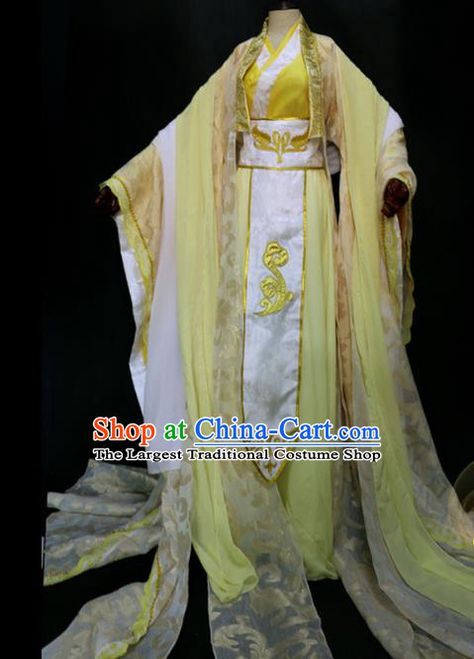 China Traditional Qin Dynasty Empress Yellow Hanfu Dress Cosplay Swordswoman Clothing Ancient Royal Queen Garments Yellow Chinese Dress, Yellow Hanfu, Yellow Emperor, China Traditional, Qin Dynasty, Hanfu Dress, Royal Queen, Chinese Dress, Costume Shop