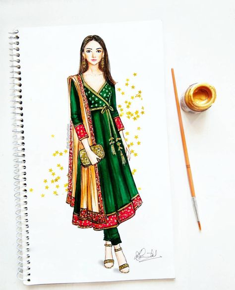 Traditional angrakha style with brocade and golden embellishments - why not!! 💚💛 #fashionillustration #indianwedding #anarkali #ethnic Ethnic Wear Illustration, Dress Drawing Easy, Angrakha Style, Ethnic Wedding, Dress Illustration, Dress Design Drawing, Fashion Illustration Sketches Dresses, Gaun Fashion, Fashion Sketches Dresses