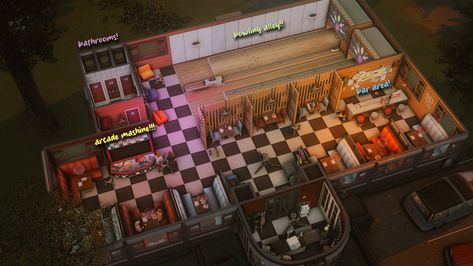 Sims 4 Burger Restaurant, Sims 4 Retro Diner, Sims 4 Commercial Lots, Sims 4 Diner Build, Sims Bar Ideas, Ts4 Deco Sims, Sims 4 Bank Build, Sims 4 Arcade Lot, Sims 4 Subway Station