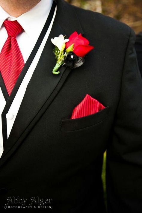 Black,  white and Red groom's suit Wedding Tuxes, White Jeans For Men, White Tuxedo Wedding, Red Boutonniere, Black And Red Suit, Black Red Wedding, Grey Tuxedo, White Tux, Red Wedding Theme