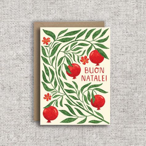 Italian Christmas card featuring illustrations of pomegranate fruit and foliage and blossoms and the hand-lettered text Buon Natale which means merry christmas in Italian Italian Christmas Cards, Pomegranate Christmas, Holiday Card Inspiration, Christmas Card Wishes, Pomegranate Design, Italian Christmas, Autumn 2023, Woodland Christmas, Personalised Christmas Cards