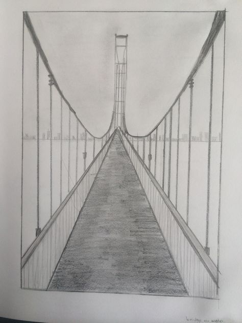 one point perspective bridge Prospective Drawing One Point, Bridge Perspective Drawing, One Point Linear Perspective Drawing, 3d Perspective Drawing, Perspective Drawing Ideas, Prospective Drawing, 1 Point Perspective Drawing, One Point Perspective Drawing, Bridge Drawing