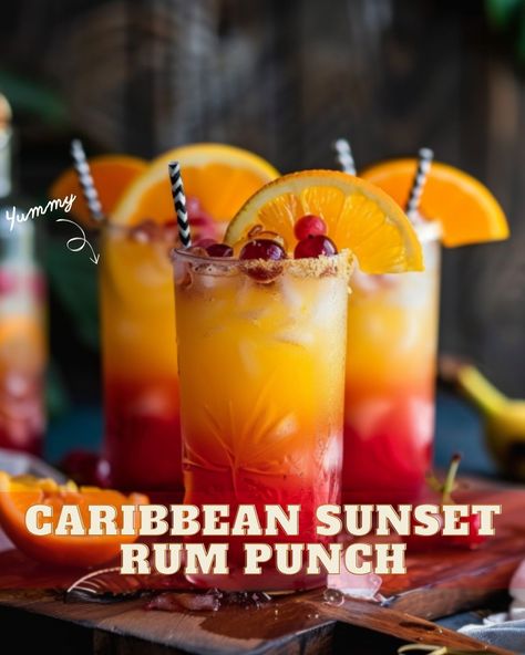 Discover the vibrant and tropical Caribbean Sunset Rum Punch recipe. Perfect for summer parties and gatherings. Learn how to make it now! Pineapple Juice Benefits, Party Punch Alcohol, Rum Punch Recipe, Orange Juice Cocktails, Rum Drinks Recipes, Caribbean Sunset, Food Thoughts, Alcoholic Punch Recipes, Rum Punch Recipes